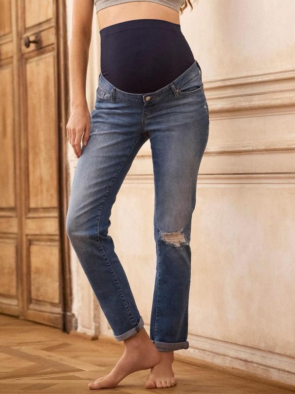 Angel Over Bump Rolled Hem Maternity Distressed Boyfriend Jeans, 28" Inseam in Light Blue