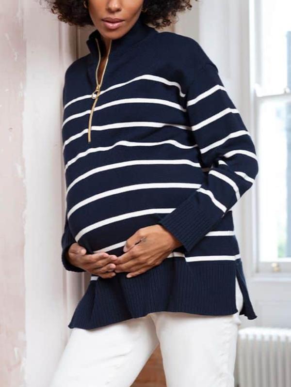 Evelina Half Zip Maternity Sweater in Navy Stripe