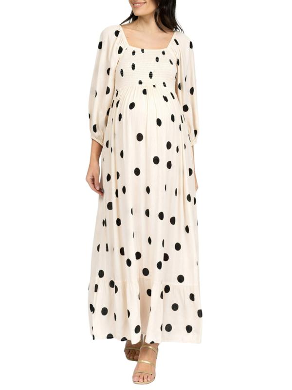 Carmen 3/4 Sleeve Shirred Bodice Midi Maternity Dress in Dot Print