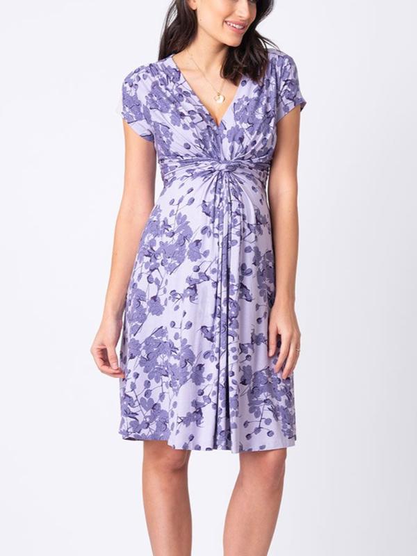 Blossom Knot-Front Maternity Dress in Lavender / Grey